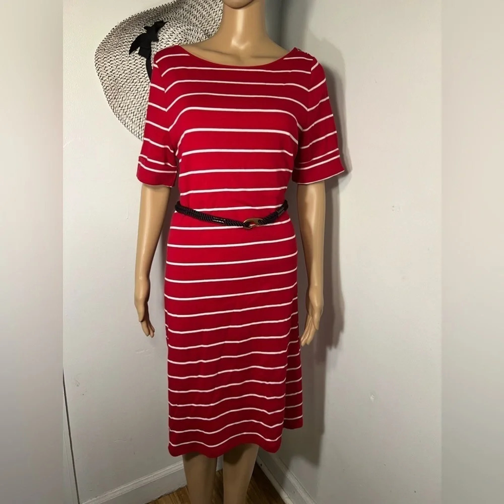 Lauren Ralph Lauren, L, red and white striped cuffed short sleeve midi/belt